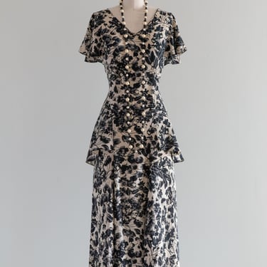 Early 1930's Gatsby Era Silk Floral Print Silk Dress / Medium