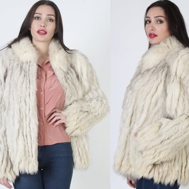 Vintage 80s SAGA Fox Fur Coat / Natural Plush White Arctic Fox / Shaggy Corded Velvet Inlay / Apres Ski Coat With Pockets 