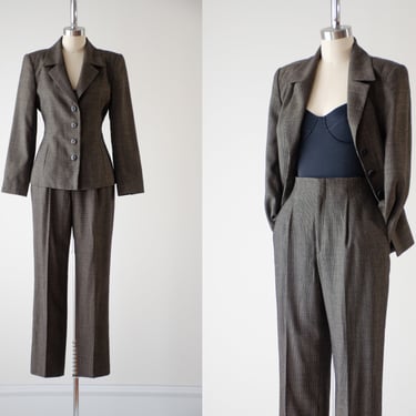 black wool suit | 90s y2k vintage Dana Buchman beige black checkered dark academia high waisted pants and blazer 2 piece suit set 