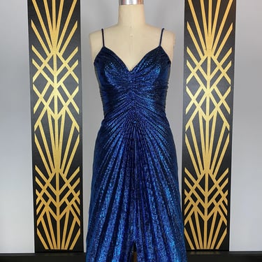 1970s lurex dress, vintage cocktail dress, new leaf, blue metallic dress, accordion pleat, Vanna dress, disco style, Samir, small, spaghetti 