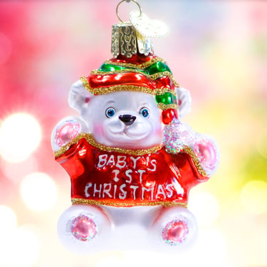 VINTAGE: OWC Bear "Baby's First Christmas " Glass Ornament - Old World Christmas - Holiday, Christmas, Xmas - SKU 30-402-00033501 