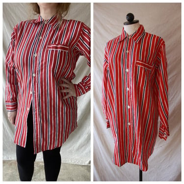 60s Red and Blue Striped Long Shirt Dress Men's Pajama Shirt 
