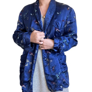 Vintage Womens Double Fortune Silk Blue Floral Kimono Robe Jacket Sz L 