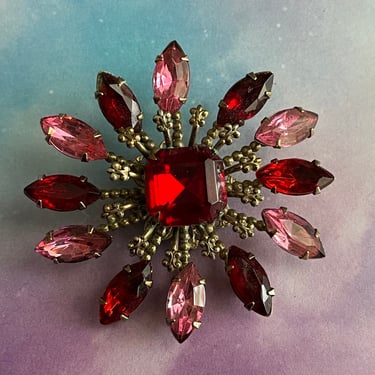 1950s pink starburst brooch vintage jeweled glittery flower pin 