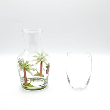 Vintage Glass Water Carafe w/Tumbler | Hand-Painted Palm Trees and Coconuts 