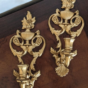 Pair of Vintage Gold Regency Style Candle Stick Holders Wall Sconces 