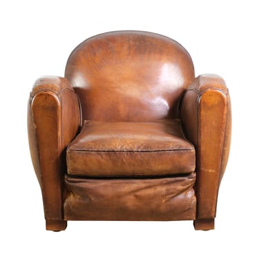 European Brown Leather Rounded Back Club Chair