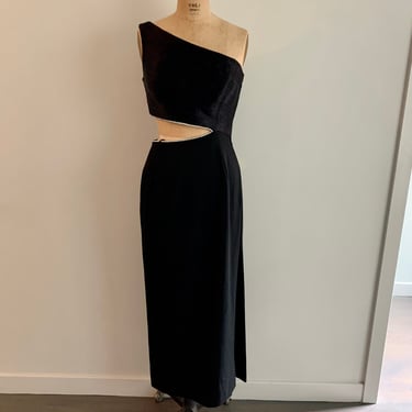 Carmen Marc Valvo black rayon one shoulder gown with cutout and rhinestones-size 8 