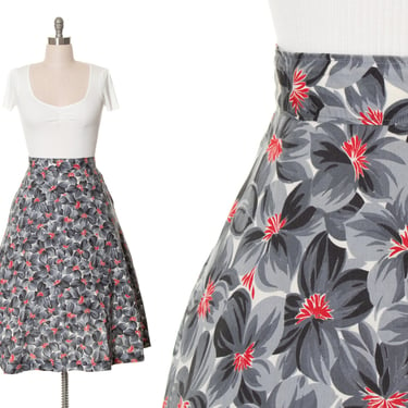 Vintage 1940s Skirt | 40s Floral Print Cotton Grey Gray Red High Waisted A-Line Full Swing Skirt (medium) 