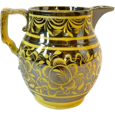English Staffordshire Silver Luster Resist Canary Yellow Pottery Pitcher