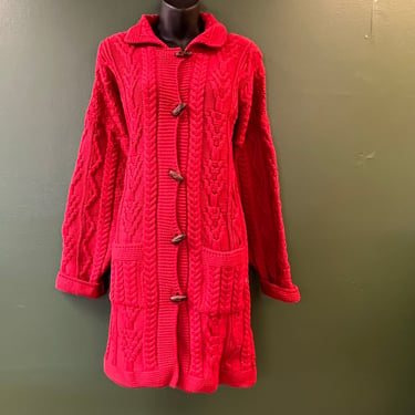 vintage fisherman cardigan dark red Irish wool oversize Aran sweater large / XL 