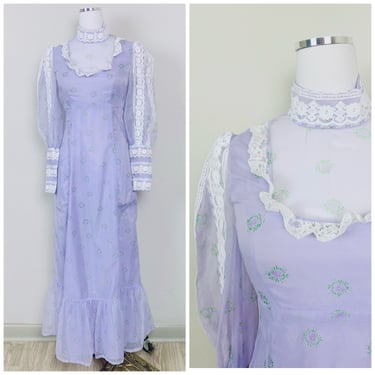 1970s Vintage Lavender Chiffon Prairie Dress / 70s / Seventies Bib Lace Trim Puffed Sleeve Maxi Western Gown / Size Small 
