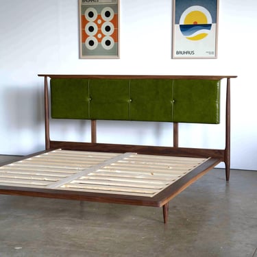 Mid Century Modern Platform Bed Frame Storage Optional / Leather Upholstered Headboard / Solid Walnut Platform Bed 