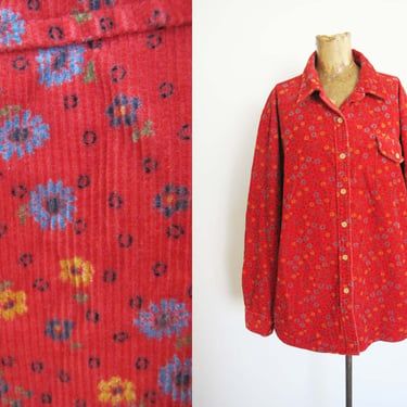 90s Red Floral Corduroy Button Up Shirt Large - Vintage 1990s Oversized Long Sleeve Cord Pocket Shirt Unisex 