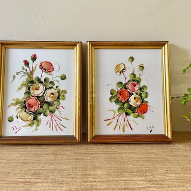 Vintage Framed Art - Pair of Floral Framed Art - Coral, Rose, and Ivory Flowers Bouquet with Green Leaves - Gold Frame - Painted on Acrylic 