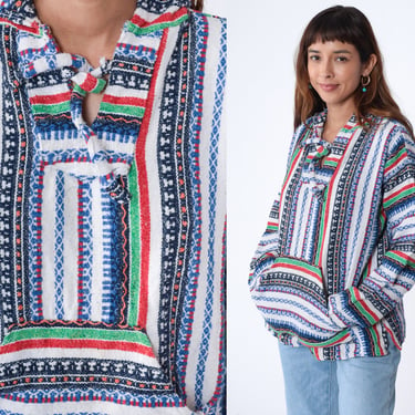 Baja Hoodie 90s Mexican White Striped Drug Rug Sweatshirt Hippie Hooded Blanket Kangaroo Red Blue Green Hood Sweater Vintage 1990s Large 