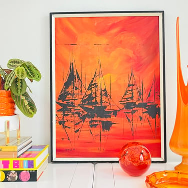 Vintage 1960s MID Century Modern Abstract Sailboat Orange Oil Canvas Painting Romeo Wall Art 