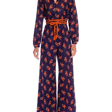 1970S Navy Blue & Orange Polyester Tricot Jersey Floral Pinstripe Jumpsuit 