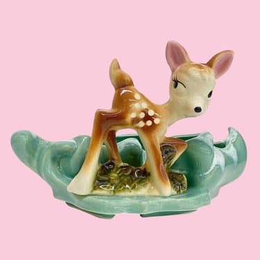 Vintage Bambi Planter Retro 1960s Mid Century Modern + USA Pottery + Ceramic + Brown + Turquoise + Indoor + Fawn Home Decor + Plant Display 