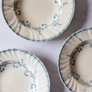 antique French longwy transferware soup plates, set of 3