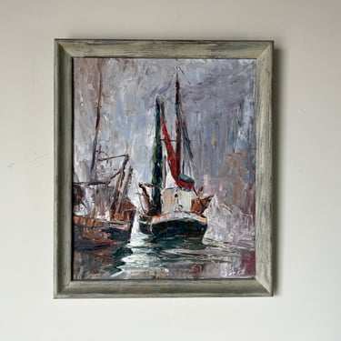 1980's Mary Roffens Fishing Boat Scene Oil Painting, Frame 
