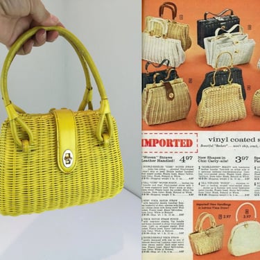 Imported & Sorted - Vintage 1950s 1960s Bright Yellow Vinyl Wicker Straw Handbag Purse 