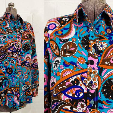 Vintage Paisley Shirt Top Purple Blue Pink Long Sleeve Shirt Blouse Abstract Floral Mod Minx TV Movie Costume 1970s 1960s Large 