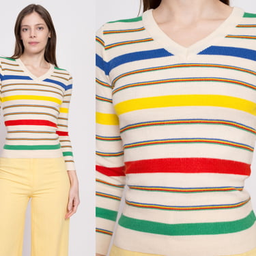70s Rainbow Striped V Neck Sweater - Extra Small | Vintage Colorful Knit Lightweight Fitted Cropped Sweater 