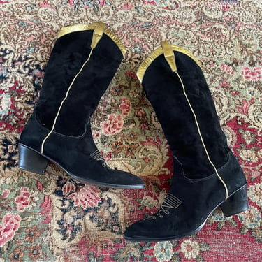 Vintage ‘80s Anne Klein Couture butter soft black suede boots with gold leather trim, weatern boots cowboy 8M fits 7-7.5 