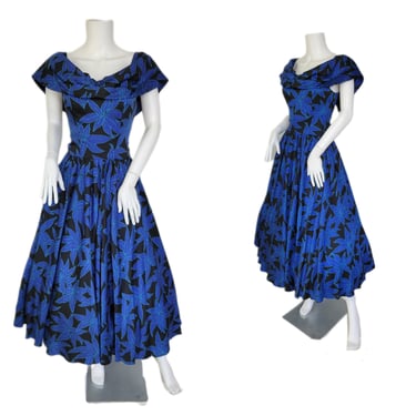On the Rocks 1980's Blue Black Tropical Leaf Print Dress I Sz Med 
