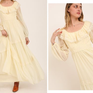 Vintage 1970s 70s Prairie Style Off The Shoulder Lace Empire Waistline Tiered Skirt Balloon Sleeve Maxi Dress Gown // Wedding Bridal 