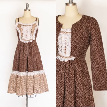 1970s Peasant Dress Floral Cotton Midi S 