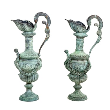 Pair of Continental Style Verdigris Bronze Urns