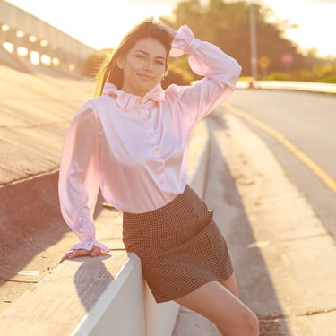 70s Pink High Collar Ruffle Blouse Vintage Long Sleeve Elegant Romantic Top 