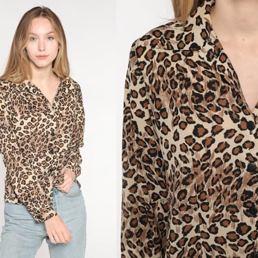 LEOPARD Print Shirt 80s Animal Print Blouse Brown Long Sleeve Button Up Top 90s Cheetah Collared Vintage Hipster Shirt Collar Small S 