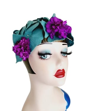 Vintage 50s Flower Hat Felt Petals Blue Purple Hattie Carnegie 
