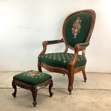 Antique Needlepoint Armchair with Footstool 