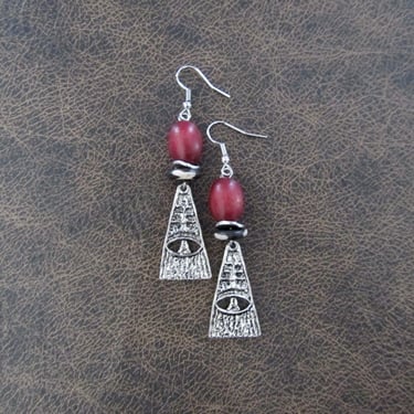 Eye of Horus earrings, exotic Egyptian earrings, red wood 