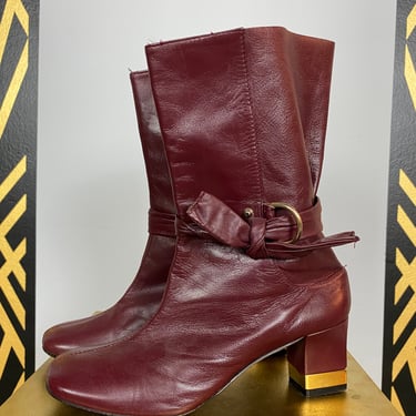 1970s boots, burgundy leather, vintage boots, mod, slouch boots, 70s booties, biba style, Cuban heel, tie details, size 7, 38, square toe 