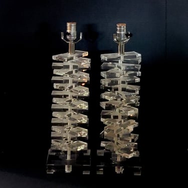 Pair Tall Stacked Lucite Lamps 