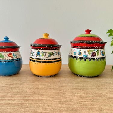 Vintage Tabletops Unlimited Kashmir Canisters with Lids - Taukas Pattern - Set of 3 