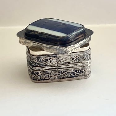 Vintage Silver Box, Blue Glass Box, Small Box, Collectors Box, Embossed Box, Ring Box, Jewelry Box, Made in Beijing 