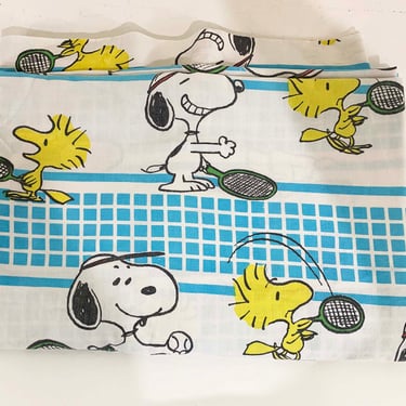 Vintage Peanuts Flat Twin Sheet Snoopy Woodstock Play Tennis Charlie Brown Kid Children Nursery Room Cartoon 1970s 