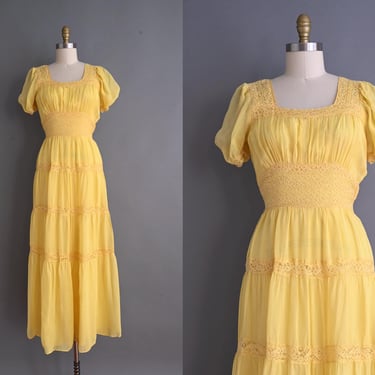 vintage 1930s dress | Gorgeous Puff Sleeve Buttercup Yellow Lace Chiffon Dress | Small Medium 