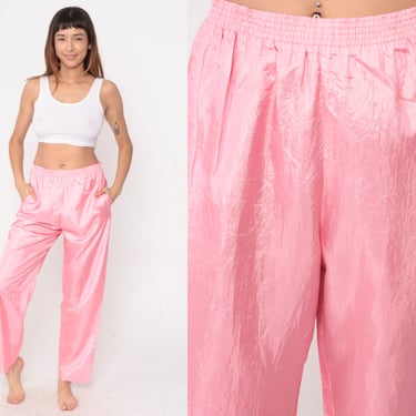 Pink Track Pants 90s Shiny Nylon Jogging Pants Gym Running Track Suit 1990s Sports Vintage Retro Tapered Joggers Thin Medium 