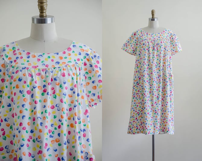 rainbow cotton nightgown | 80s vintage polka dot confetti house coat kaftan 