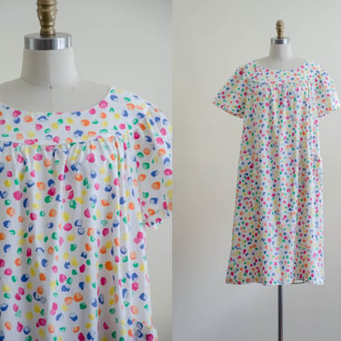 rainbow cotton nightgown | 80s vintage polka dot confetti house coat kaftan 