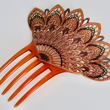 Art Deco Large Geometric Openwork Celluloid Hair Comb, Antique Lace Motif Hair Comb, Oversized Antique Comb 