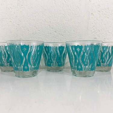 Vintage Aqua Diamond Glasses Set of 5 Blue Turquoise Glass Atomic Mid Century Cocktail MCM Tumblers Retro Glassware 1960s 