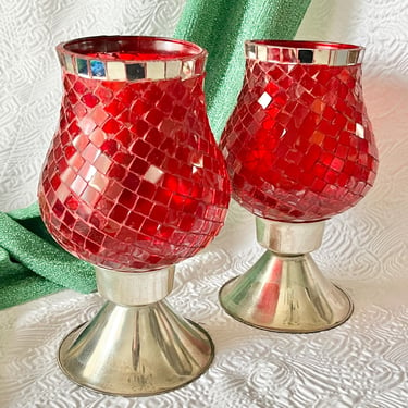 Red Glass Mosaic Candle Holders, Vintage Candlesticks, Silverplate Base, Set of 2, Home Decor, Vintage 80s 90s 